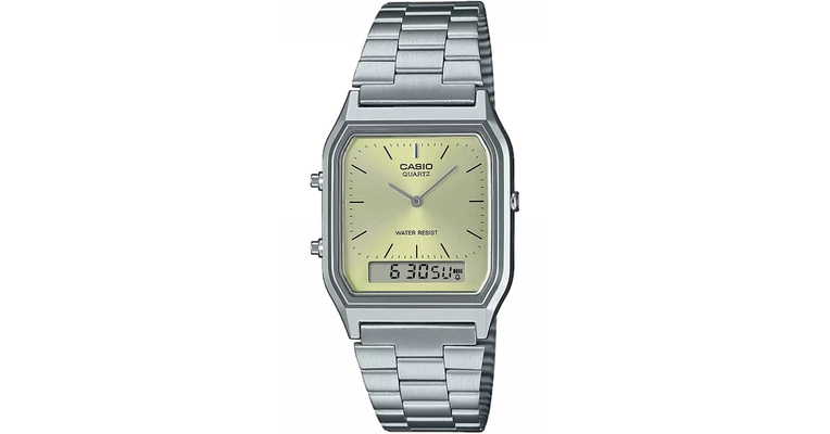 Montre Casio AQ-230EGL-9A Vintage - Cadran Carré Doré, Analogique-digitale - Chronomètre, Réveil, étanche